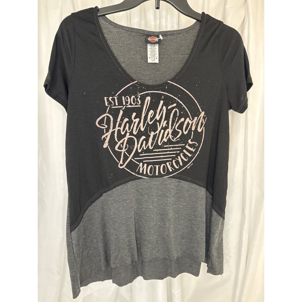 Harley-Davidson Womens Scoop Neck Graphic T-Shirt Size L Black & Gray NWOT